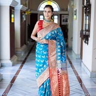 Banarashe Saree |  Traditional Dark Sky Blue&Red Cotton Saree