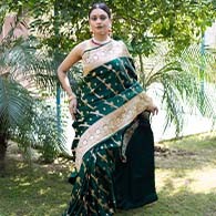 Banarashe Saree | Festive Dark Green  Saree with Golden Border