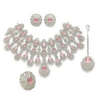 ZENEME Rhodium-Plated American Diamond Studded Tasselled Necklace With Earrings Ring & MaangTikka Jewellery Set For Girls and Women